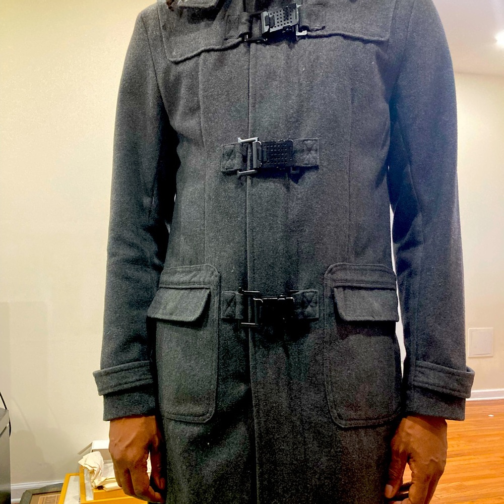 Dark grey trench peacoat with hoodie.